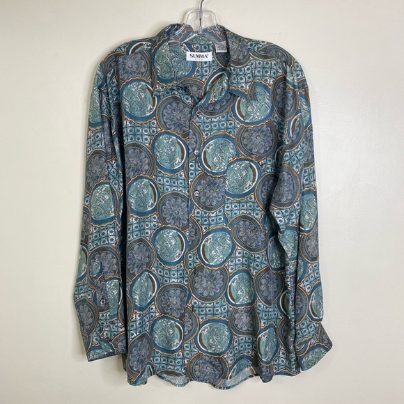 100% SILK SUMMA PURE SILK MENS BUTTON UP SHIRT IN AN ORNATE PATTERN LARGE - Picture 3 of 14